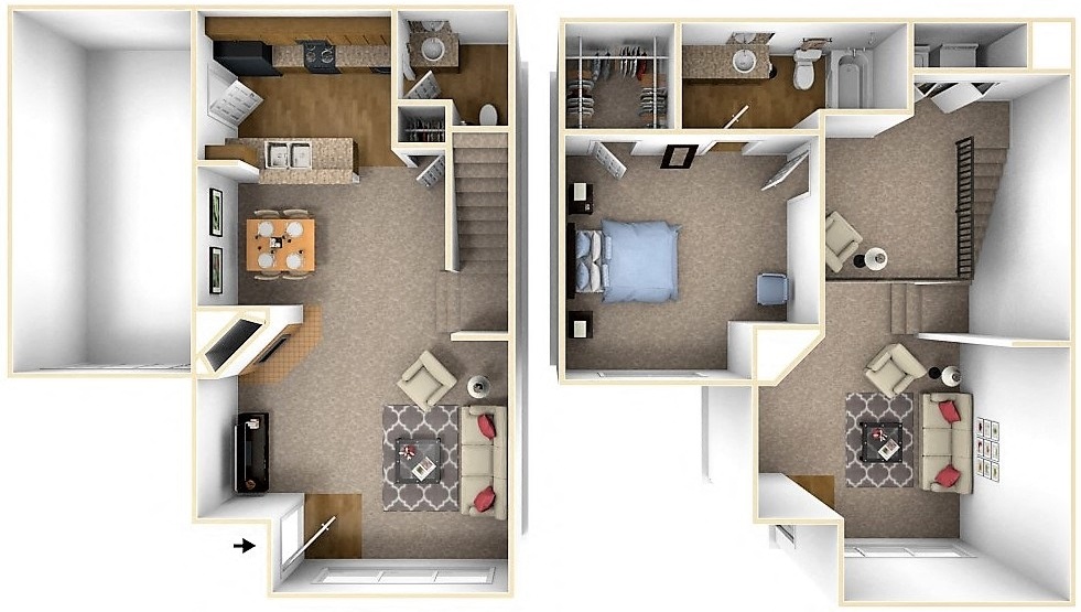 Floor plan for 1 bed, 1.5 baths, 1065 sqft